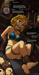 Rule 34 | 1girl, absurdres, bare shoulders, barefoot, bdsm, blonde hair, blue eyes, bondage, bound, bound ankles, bound wrists, bra, breasts, cleavage, cleave gag, cloth gag, collarbone, gag, gagged, hair ornament, hairclip, highres, improvised gag, kidnapped, legs, magnolia-baillon, nintendo, panties, princess zelda, sweat, the legend of zelda, the legend of zelda: tears of the kingdom, thighs, underwear