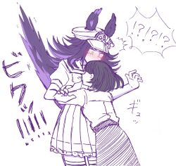 !? 2girls animal_ears black_hair black_tail blush cokuto_uma_02 commentary_request cowboy_shot ears_through_headwear female_trainer_(umamusume) fenomeno_(umamusume) flustered hat height_difference highres horse_ears horse_girl horse_tail hug multiple_girls partially_colored peaked_cap pleated_skirt puffy_short_sleeves puffy_sleeves purple_hair purple_tail sailor_collar sailor_shirt school_uniform shirt short_sleeves simple_background skirt stiff_tail summer_uniform surprised tail tail_raised thighhighs tracen_school_uniform trainer_(umamusume) umamusume white_background zettai_ryouiki