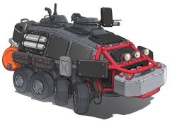 armored_personnel_carrier armored_vehicle bag cable commentary_request drum_(container) from_side gatling_santouhei highres light_bulb motor_vehicle no_humans original shadow simple_background spotlight suspension vehicle_focus wheel white_background