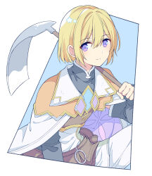1boy black_shirt blonde_hair cape closed_mouth hair_between_eyes hoe holding_hoe lest_(rune_factory) long_sleeves looking_at_viewer male_focus mini_mamu purple_eyes rune_factory rune_factory_4 shirt short_hair sitting smile solo