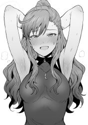 Rule 34 | 1girl, ahoge, armpits, arms behind head, arms up, blush, breasts, greyscale, half-closed eyes, highres, idolmaster, idolmaster (classic), idolmaster one for all, jewelry, leon (idolmaster), long hair, looking at viewer, monochrome, necklace, open mouth, ponytail, presenting armpit, shirt, simple background, sleeveless, sleeveless shirt, smile, solo, straight-on, sweat, tsurui, upper body, white background