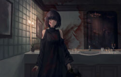 2girls absurdres bathroom black_dress blood blood_on_clothes blood_on_face blood_on_hands blood_on_wall blunt_bangs blunt_ends candle candlestand clothing_cutout commentary dot_nose dress english_commentary expressionless fire glass hand_on_another&#039;s_head highres indoors kyano_(kyanora3141) light_particles long_sleeves medium_hair multiple_girls murder original out_of_frame plant potted_plant red_eyes reflection shoulder_cutout sink standing tile_wall tiles turtleneck