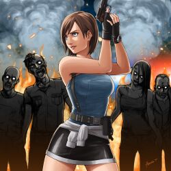 1girl azusa_tanaka black_gloves black_skirt blue_eyes blue_tube_top brown_hair clothes_around_waist fire gloves gun handgun holding holding_gun holding_weapon jill_valentine miniskirt parted_lips resident_evil resident_evil_3:_nemesis short_hair signature skirt smoke strapless sweater sweater_around_waist tube_top weapon zombie