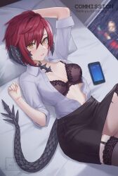 1girl absurdres arm_behind_head au_ra black_bra black_garter_straps black_skirt bra breasts collared_shirt commission dragon_girl dragon_tail enporion final_fantasy final_fantasy_xiv garter_straps hair_between_eyes highres lying on_back on_bed open_clothes open_shirt pencil_skirt phone pillow red_hair scales shirt short_hair signature skeb_commission skirt solo tail thighhighs underwear white_shirt yellow_eyes