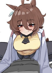 1girl absurdres agnes_tachyon_(umamusume) ahoge animal_ears black_necktie blush breasts chemical_structure closed_mouth coat earrings hair_between_eyes highres horse_ears horse_girl iog626 jewelry lab_coat large_breasts md5_mismatch medium_hair multiple_girls necktie open_clothes open_coat panties panties_under_pantyhose panties_visible_through_clothes pantyhose pov red_eyes short_necktie shorts simple_background single_earring straddling umamusume underwear white_background white_coat yellow_shorts