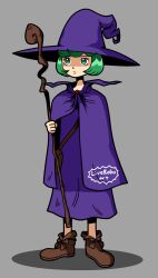 1girl bag berserk boots brown_boots cloak dress expressionless full_body green_eyes green_hair hat highres holding holding_staff kawoshiki mage_staff purple_cloak purple_dress purple_hat schierke_(berserk) short_hair shoulder_bag solo staff standing witch witch_hat