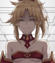 1girl ^_^ bandeau bare_shoulders blonde_hair braid breasts closed_eyes closed_mouth collarbone detached_collar detached_sleeves fang fate/apocrypha fate_(series) highres long_hair mordred_(fate) mordred_(fate/apocrypha) parted_bangs ponytail shaded_face sidelocks small_breasts smile tonee