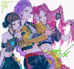 Rule 34 | 3girls, absurdres, applying makeup, applying mascara, aqua eyes, arm up, armlet, bare shoulders, black choker, black gloves, black hair, blunt bangs, braid, brushing hair, choker, collarbone, crop top, double bun, earrings, elbow rest, evl 1230, fingerless gloves, fingernails, friends, gloves, grey background, hair bun, hair up, hand mirror, head tilt, highres, holding, holding brush, jacket, jewelry, kpop demon hunters, leaning back, leaning on person, leaning to the side, long braid, long hair, long sleeves, looking at object, looking down, looking to the side, mira (kpop demon hunters), mirror, multicolored hair, multiple girls, multiple rings, navel, necklace, pants, parted bangs, parted lips, pink eyes, pink hair, purple eyes, purple hair, purple nails, ring, rumi (kpop demon hunters), shade, sharp fingernails, short bangs, short sleeves, shorts, single braid, skirt, smile, standing, stomach, streaked hair, teeth, twintails, upper body, yellow jacket, zoey (kpop demon hunters)
