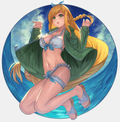 1girl blonde_hair blue_sky braid breasts clarissa_snowflake coffee) feet floating full_body green_eyes grey_background jacket long_hair medium_breasts navel sakura_taisen sakura_taisen_v simple_background sky swimsuit takinashi_(friend_coffee) very_long_hair