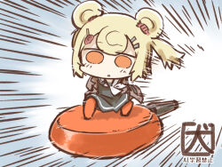 1girl akanotanin13 animal_ears arknights bear_ears bear_girl black_dress blonde_hair brown_jacket candy_hair_ornament chibi dress food-themed_hair_ornament frying_pan gummy_(arknights) hair_ornament jacket neckerchief open_clothes open_jacket orange_pantyhose pantyhose sailor_collar sailor_dress short_hair signature sky_surfing solo white_neckerchief