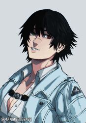 1girl black_hair devil_may_cry_(series) devil_may_cry_5 green_eyes grey_background heterochromia highres jacket juliewithaxe lady_(devil_may_cry) looking_at_viewer parted_lips red_eyes scar scar_on_face scar_on_nose shirt simple_background smile white_jacket white_shirt
