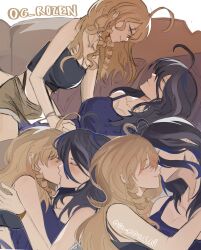 2girls black_tube_top blonde_hair blue_camisole blue_hair blush brown_shorts camisole clorinde_(genshin_impact) closed_eyes closed_mouth commentary contemporary couch english_commentary genshin_impact hand_on_another&#039;s_stomach highres kiss long_hair multicolored_hair multiple_girls navia_(genshin_impact) on_couch purple_hair rozen_(og_rozen) shorts smile straddling strapless streaked_hair tube_top twitter_username yuri