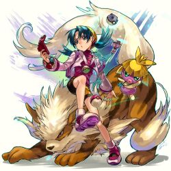 1girl arcanine bike_shorts blue_eyes blue_hair earrings friend_ball gen_1_pokemon gen_2_pokemon hat heavy_ball ichiko_milk_tei jacket jewelry kris_(pokemon) love_ball necklace nintendo poke_ball pokedex pokegear pokemon pokemon_(creature) pokemon_adventures red_shirt shirt smoochum star_(symbol) star_earrings star_necklace turtleneck twintails yellow_headwear