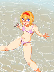 1girl alice_margatroid bikini blonde_hair blue_eyes blush blush_stickers breasts caustics cigarette commentary_request cookie_(touhou) feet_out_of_frame hairband highres holding holding_cigarette looking_at_viewer navel nose_blush open_mouth pink_bikini pyukasshori red_hairband short_hair sitting small_breasts smoking solo striped_bikini striped_clothes swimsuit taisa_(cookie) touhou v-shaped_eyebrows water