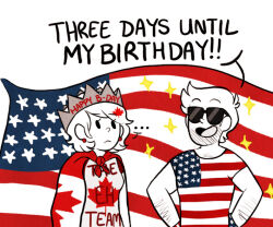 Rule 34 | ..., 1boy, 1girl, american flag, american flag print, canada, canada day, canadian flag, canadian flag print, cape, closed mouth, commentary, crown, earrings, egobuzz, english commentary, english text, flag print, fourth of july, happy birthday, jewelry, light frown, open mouth, original, personification, short sleeves, spoken ellipsis, sunglasses, united states, upper body