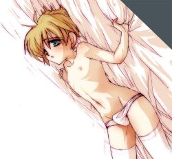 androgynous bed blonde_hair blush boku_no_pico crossdressing panties penis penis_in_panties pico shota topless_female underwear