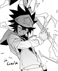 1boy absurdres ah_211 aotu_world bandana chinese_commentary electricity english_text fingerless_gloves gloves greyscale grin hair_between_eyes headband highres holding holding_weapon hood hood_down hooded_jacket jacket looking_at_viewer male_focus monochrome ray_(aotu_world) shirt simple_background smile solo spiked_hair star_(symbol) star_print upper_body weapon white_background