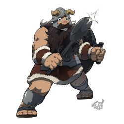 1boy bara beard brown_hair dark-skinned_male dark_skin dual_wielding dungeon_meshi dwarf facial_hair fake_horns fighting_stance full_body glint helmet highres holding horned_helmet horns large_hands long_beard looking_at_viewer male_focus muscular muscular_male mustache official_style senshi_(dungeon_meshi) solo thick_mustache toni_(onygamerpro197) very_long_beard wok