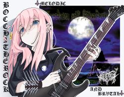 1girl alternate_costume black_shirt blackletter blue_eyes bocchi_the_rock! bracelet closed_mouth commentary cube_hair_ornament ear_piercing electric_guitar english_commentary expressionless goth_fashion gotoh_hitori guitar guitar_hero hair_between_eyes hair_ornament hands_up head_tilt highres holding holding_guitar holding_instrument holding_plectrum instrument irreligiositat jewelry long_hair moon piercing pink_hair pixel_art_inset plectrum print_shirt shirt sidelocks three-quarter_sleeves solo spiked_bracelet spikes upper_body