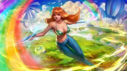 1girl absurdres aircraft bare_shoulders bikini bikini_top_only bird blue_pants blue_sky breasts brown_eyes bubble cleavage clima-tact cloud cloudy_sky denim electricity floating_hair full_body grass green_bikini halterneck hashtag-only_commentary highres holding holding_staff hot_air_balloon jeans large_breasts lolperson long_hair looking_at_viewer nami_(one_piece) navel one_piece open_mouth orange_hair outdoors pants rainbow sandals shoulder_tattoo sky solo staff stomach swimsuit tattoo teeth upper_teeth_only white_bird windmill