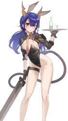 Rule 34 | 1girl, animal ears, arknights, black leotard, blue hair, bottle, breasts, ch&#039;en (arknights), cocktail glass, collared shrug, cup, double-parted bangs, dragon girl, dragon horns, dragon tail, drinking glass, expressionless, fake animal ears, fingerless gloves, gloves, hair between eyes, highleg, highleg leotard, highres, holding, holding sword, holding tray, holding weapon, holster, horns, id card, jaihu, large breasts, leotard, long hair, long sleeves, looking at viewer, low twintails, necktie, playboy bunny, rabbit ears, red eyes, shrug (clothing), sidelocks, solo, strapless, strapless leotard, sword, tail, thigh holster, thigh strap, tray, twintails, walkie-talkie, weapon, white background, yellow necktie