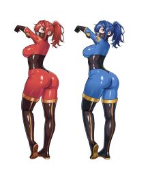 2girls ass black_boots black_gloves blu_pyro_(tf2) blue_bodysuit blue_eyes blue_hair bodysuit boots breasts commission full_body genderswap genderswap_(otf) gloves highres large_breasts latex latex_bodysuit latex_gloves latex_legwear long_hair looking_at_viewer looking_back mask multiple_girls nihu ponytail pyro_(tf2) red_bodysuit red_eyes red_hair red_pyro_(tf2) respirator simple_background team_fortress_2 thigh_boots white_background