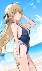 1girl absurdres alternate_costume beach bird blonde_hair blue_one-piece_swimsuit blue_sky breasts cloud commentary cowboy_shot day dutch_angle english_commentary from_side hair_ribbon highres long_hair looking_at_another looking_to_the_side ocean one-piece_swimsuit outdoors phoebe_(wuthering_waves) revision ribbon ryeon_(naturesan) sky small_breasts smile solo striped_ribbon swimsuit tacet_mark_(wuthering_waves) water wuthering_waves