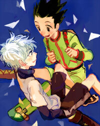 2boys black_hair black_shorts black_sleeves blue_background boots brown_boots gon_freecss green_shirt green_shorts hunter_x_hunter killua_zoldyck looking_at_another male_focus minahamu multiple_boys shirt short_hair shorts skateboard smile spiked_hair very_short_hair white_hair white_shirt