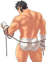 Rule 34 | 1boy, ass, bandaged arm, bandages, bara, biceps, black hair, closed mouth, commentary request, from behind, justice gakuen, looking at viewer, looking back, magnum feering, male focus, male underwear, muscular, muscular male, nekketsu hayato, rope, sideburns, smile, spiked hair, thick eyebrows, topless male, underwear, white background, white male underwear