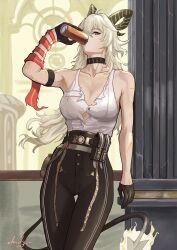1girl absurdres armpit_crease bare_shoulders black_choker black_gloves black_horns black_pants black_tail breasts can choker chucky_(chucky1000sun) collarbone commentary_request cowboy_shot curled_horns demon_tail drink_can drinking fire flame-tipped_tail gloves grey_hair grey_pupils high-waist_pants highres holding holding_can horns indoors large_breasts long_hair looking_at_viewer necktie necktie_around_wrists pants red_eyes red_necktie shirt shirt_tucked_in signature solo tail thigh_gap torn_clothes torn_shirt very_long_hair white_shirt wuthering_waves zani_(wuthering_waves)