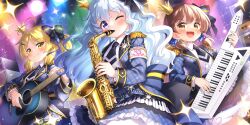 3girls :d acoustic_guitar alternate_costume armband black_bow black_necktie blonde_hair blue_eyes blue_hair blue_jacket blush bow brown_eyes brown_hair closed_mouth collared_shirt commentary crescent crescent_pin crown english_commentary epaulettes game_cg guitar hair_bow highres instrument jacket keytar kito_(sorahate) long_sleeves looking_at_viewer lunasa_prismriver lyrica_prismriver merlin_prismriver mini_crown multiple_girls music necktie official_art one_eye_closed open_mouth piano_print plaid_clothes plaid_jacket playing_instrument saxophone shirt siblings sisters skirt smile stage_lights third-party_source touhou touhou_lostword white_shirt yellow_eyes