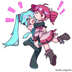 &gt;_&lt; &gt;_o 2girls absurdres aqua_hair artist_name black_boots blush_stickers boots closed_eyes closed_mouth detached_sleeves drill_hair full_body hatsune_miku highres huchu_(huchu_sogume) hug kasane_teto kasane_teto_(sv) lace-up_boots long_hair miniskirt multiple_girls one_eye_closed open_mouth red_eyes red_hair simple_background single_blush_sticker skirt smile standing standing_on_one_leg synthesizer_v twin_drills twintails utau vocaloid white_background