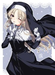 1girl absurdres black_dress black_veil blonde_hair dress finger_to_mouth gloves hands_up highres index_finger_raised long_hair long_sleeves looking_at_viewer nijisanji nun one_eye_closed open_mouth outline sister_claire smile solo take_shinobu veil very_long_hair virtual_youtuber white_gloves white_outline yellow_eyes