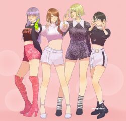 4girls black_jacket blackpink blunt_bangs boots choker commentary cosplay earrings eyepatch finger_gun full_body gintama glasses gloves green_gloves highres hoop_earrings jacket jennie_(blackpink) jennie_(blackpink)_(cosplay) jewelry jisoo_(blackpink) jisoo_(blackpink)_(cosplay) lisa_(blackpink) lisa_(blackpink)_(cosplay) multiple_girls one_eye_closed penginius pink_background pink_shorts red_lips rose_(blackpink) rose_(blackpink)_(cosplay) sarutobi_ayame scar scar_across_eye scar_on_face shimura_tae shorts simple_background smile stitches swept_bangs thigh_boots tsukuyo_(gintama) white_shorts yagyuu_kyuubei