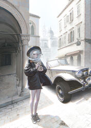 1girl absurdres black_hat black_jacket black_skirt building camera car day grey_eyes grey_hair hat highres holding holding_camera jacket johnblack miniskirt motor_vehicle newspaper original outdoors pillar scenery shoes skirt sneakers solo urban