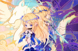 2girls armored_gloves black_collar black_dress blonde_hair blue_eyes cartethyia_(wuthering_waves) chibi chibi_only chinese_commentary closed_mouth collar commentary_request crown_of_thorns diudou dress dual_persona earrings fleurdelys_(wuthering_waves) highres holding holding_sword holding_weapon horns jewelry long_hair multiple_girls outstretched_arm pointy_ears sidelocks single_horn sword tabard tacet_mark_(wuthering_waves) very_long_hair weapon white_tabard wuthering_waves yellow_horns