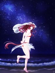 Rule 34 | alternate costume, animal ears, ass, barefoot, breasts, brown hair, full body, highres, horse ears, horse girl, horse tail, looking at viewer, mitsuno, night, night sky, ocean, open mouth, sky, small breasts, solo, standing, standing on one leg, still in love (umamusume), summer, swimsuit, tail, umamusume, veil