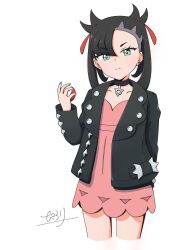 1girl asymmetrical_bangs black_choker black_hair black_jacket choker collarbone commentary_request dress earrings green_eyes hair_ribbon highres holding holding_poke_ball jacket jewelry looking_at_viewer marnie_(pokemon) nintendo open_clothes open_jacket pilolimaru poke_ball pokemon pokemon_swsh red_ribbon ribbon simple_background solo standing thighs twintails white_background