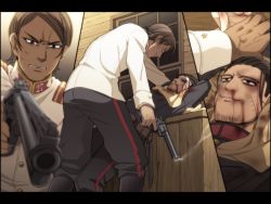 10s angry arched_back black_hair bleeding blood blood_on_clothes blood_on_face brown_hair bruise dark-skinned_male dark_skin facial_hair facial_scar golden_kamuy gun hair_slicked_back handgun holding holding_gun holding_weapon injury itou_(mogura) koito_otonoshin leaning_back male_focus military military_uniform nosebleed ogata_hyakunosuke pistol revolver scar scar_on_cheek scar_on_face short_hair smoke smoking_barrel sweat weapon