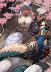 2girls animal_ears blonde_hair blush breasts chinese_commentary closed_mouth clover_theater club3 hair_ornament holding lamia large_breasts long_hair long_sleeves looking_at_viewer mole mole_under_eye monster_girl multiple_girls smile