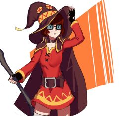 Rule 34 | 1girl, adjusting clothes, adjusting headwear, bandaged leg, bandages, belt, belt buckle, black cape, black choker, black eyes, black gloves, black hat, breasts, brown belt, brown hair, buckle, cape, choker, closed mouth, collarbone, commentary, cosplay, cowboy shot, dress, english commentary, fingerless gloves, freckles, glasses, gloves, hand on headwear, hat, holding, holding staff, kono subarashii sekai ni shukufuku wo!, looking ahead, megumin, megumin (cosplay), orange background, rectangular eyewear, red dress, scooby-doo, short dress, short hair, small breasts, solo, staff, standing, tinted eyewear, velma dinkley, vodkuh, white background, witch hat