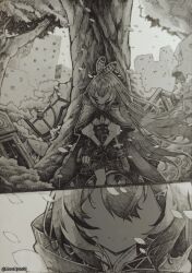 1girl ahoge belt building cape capelet character_name clock corset crossed_bangs dagger faceless falling_petals feather_hair_ornament feathers foliage gloves grandfather_clock greyscale hair_ornament hairclip highres hololive hololive_english knife lantern long_hair marunyan monochrome nanashi_mumei nanashi_mumei_(1st_costume) no_eyes partially_fingerless_gloves petals pleated_skirt ponytail ribbon ruins single_thighhigh sitting skirt smile thighhighs tree very_long_hair virtual_youtuber weapon