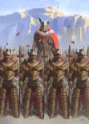 1girl absurdres armor artmigu cape covered_eyes day dress elden_ring full_armor fur_trim gold_armor helmet helmet_over_eyes highres knight lance long_hair malenia_blade_of_miquella mechanical_arms mountain mountainous_horizon outdoors polearm prosthesis prosthetic_arm red_cape red_hair single_mechanical_arm sky warrior weapon winged_helmet