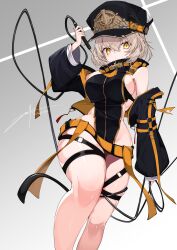 Rule 34 | 1girl, absurdres, bare shoulders, belt, black jacket, black leotard, breasts, brown hair, closed mouth, commission, detached sleeves, grey background, hair between eyes, hat, highres, holding, holding whip, jacket, large breasts, leotard, long sleeves, looking at viewer, original, peaked cap, revealing clothes, short hair, sideboob, signature, skeb commission, solo, thigh strap, thighs, whip, yellow eyes, yonagi white