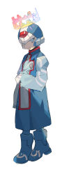 Rule 34 | 1boy, blue helmet, blue robe, cyber elf x (mega man), forehead jewel, full body, halo, helmet, highres, mayutsuba mono, mega man (series), mega man zero (series), robe, simple background, solo, white background, x (mega man)