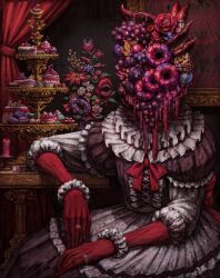 1other absurdres ambiguous_gender blueberry cake candle colored_skin commentary_request cross cupcake desert dice dress fantasy flower flower_request food food_stand frilled_dress frilled_sleeves frills fruit fruit_request gestart333 goth_fashion gothic_lolita grapes hand_rest highres horror_(theme) indoors jewelry lolita_fashion macaron multiple_rings object_head original picture_frame raspberry red_candle red_curtains red_flower red_ribbon red_rose red_skin ribbon ring rose scrunchie sharp_teeth short_sleeves sitting solo table teeth tiered_tray two-tone_dress wrist_scrunchie