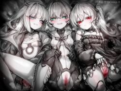 3girls blue_eyes blush doll_joints eudie_(shadowverse) joints kupa_(jesterwii) long_hair multiple_girls orchis ralmia_(shadowverse) red_eyes shadowverse spot_color