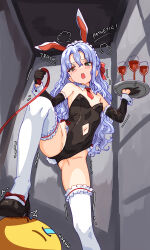 Rule 34 | 1girl, animal ears, assertive female, bakasp-lilzy, black gloves, black leotard, breasts, clothing cutout, detached collar, detached sleeves, english text, fake animal ears, frilled sleeves, frilled thighhighs, frills, gloves, highres, holding, holding leash, holding tray, leash, leotard, long hair, maid headdress, navel, navel cutout, necktie, open mouth, original, playboy bunny, pov, purple eyes, purple hair, rabbit ears, red necktie, shoes, small breasts, solo, standing, stomach cutout, teeth, thighhighs, thighs, tray, upper teeth only, very long hair, viewer on leash, white thighhighs