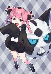 Rule 34 | 1girl, :d, black eyes, black jacket, black shoes, black shorts, blue eyes, braid, commentary request, coral (pokemon), double bun, fang, gen 3 pokemon, glalie, grey socks, gucchiann, hair bun, hand up, highres, hood, hood down, hooded jacket, jacket, long sleeves, nintendo, open clothes, open jacket, open mouth, pink hair, plaid background, pokemon, pokemon (anime), pokemon (creature), pokemon horizons, puffy long sleeves, puffy sleeves, shoes, shorts, sleeves past fingers, sleeves past wrists, smile, socks, standing, twin braids, twintails, twitter username