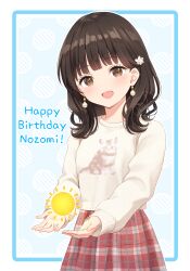 Rule 34 | 1girl, :d, animal print, animification, black hair, blue background, blunt bangs, blush, border, brown eyes, cat print, character name, commentary, cowboy shot, earrings, english text, flower, hair flower, hair ornament, hanazora satsuki, happy birthday, highres, jewelry, looking at viewer, nirei nozomi, open mouth, outside border, plaid clothes, plaid skirt, print sweater, real life, red skirt, skirt, smile, solo, sun symbol, sweater, voice actor, white border, white flower, white sweater